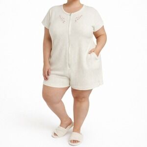 Secret Treasures Waffle Knit Sleep Romper Off White Floral Zip Front Plus 1X